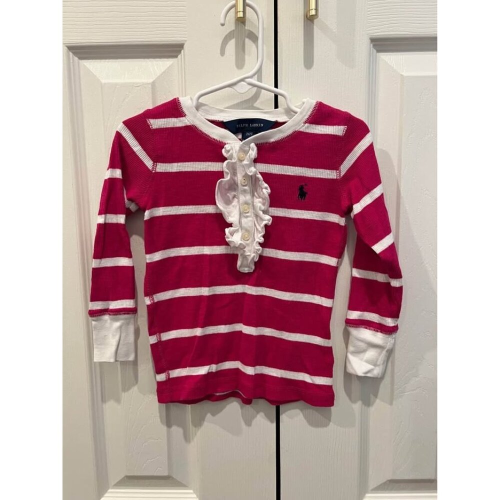 Ralph Lauren girls pink and white stripped ribbed shirt with ruffle accent